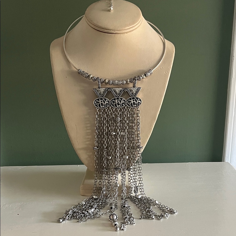 Chico's Vintage Silver-Tone Fringe Tassel Statement Necklace
